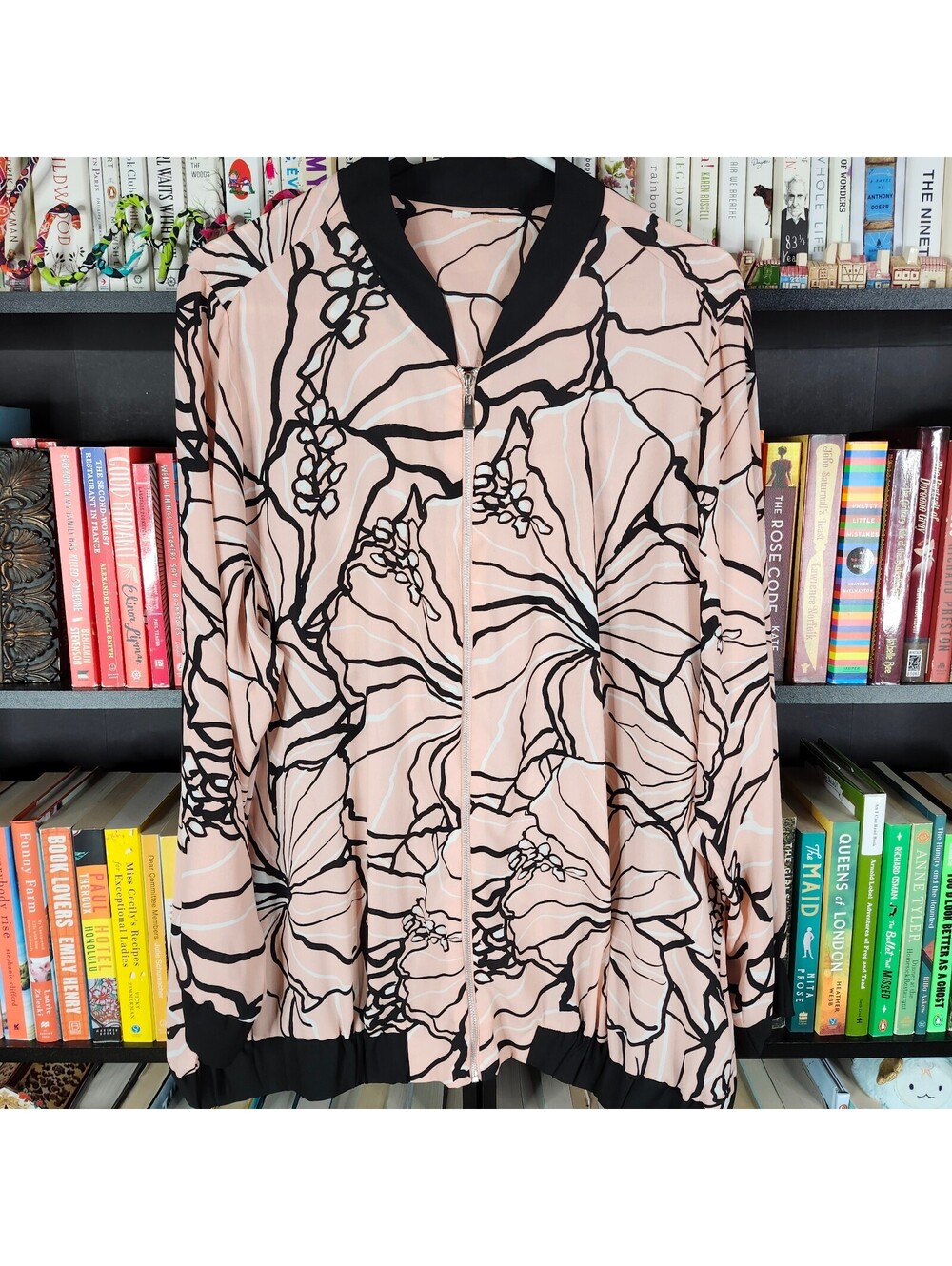 Light Pink Floral Print Bomber Jacket with Black Trim 2X Lightweight